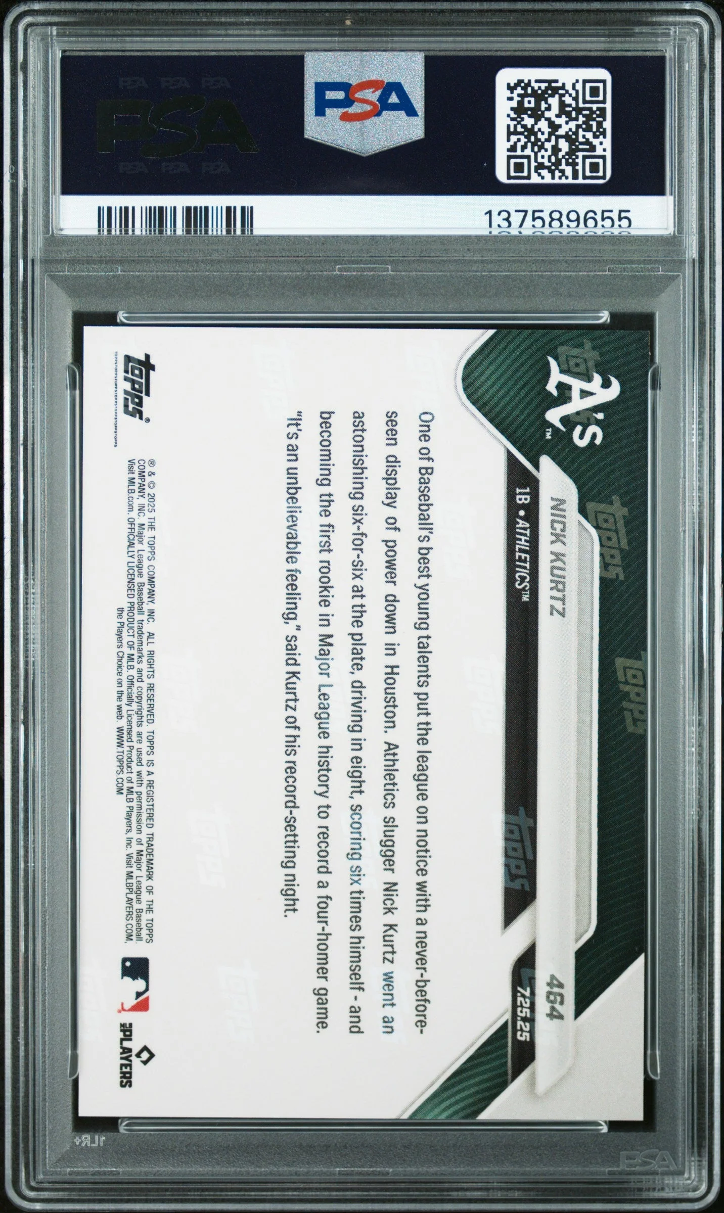 Graded 2025 Topps Now Nick Kurtz #464 Rookie RC Baseball Card PSA 10 Gem Mint - Image 2
