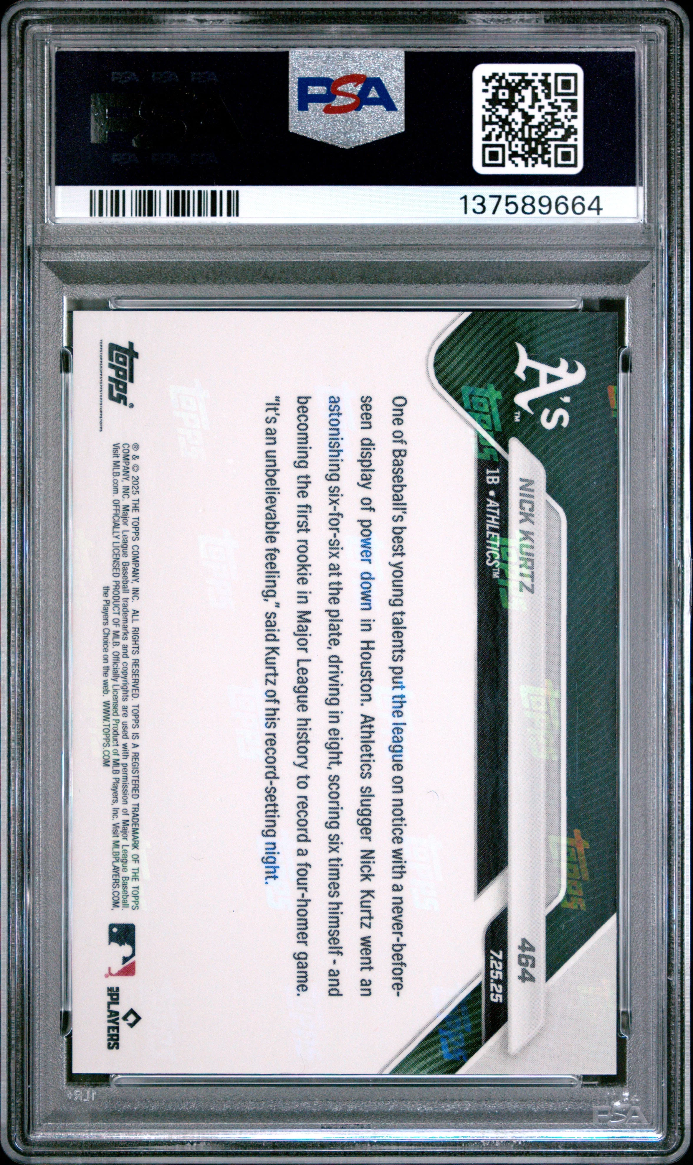Graded 2025 Topps Now Nick Kurtz #464 Rookie RC Baseball Card PSA 9 Mint - Image 2