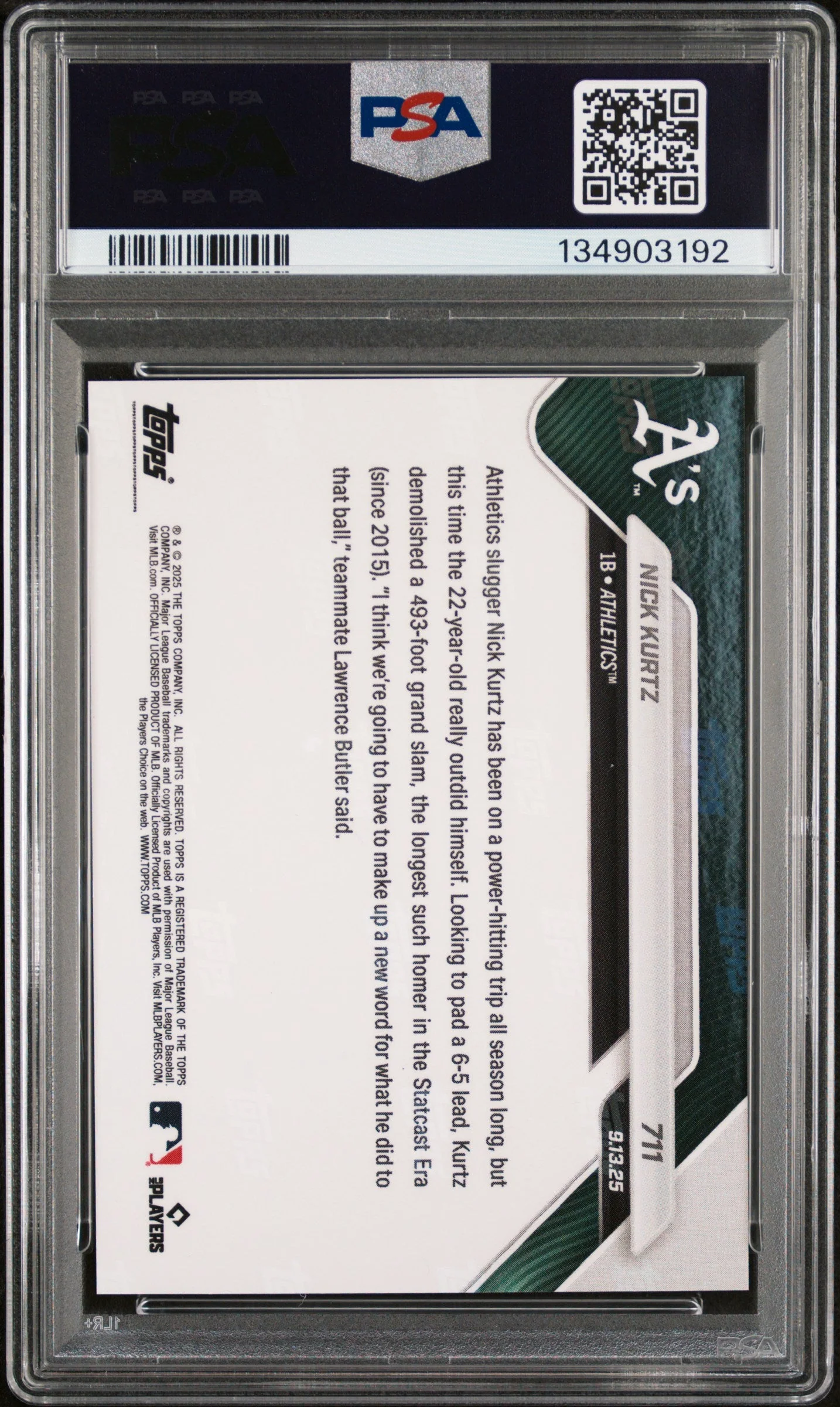 Graded 2025 Topps Now Nick Kurtz #711 Rookie RC Baseball Card PSA 10 Gem Mint - Image 2