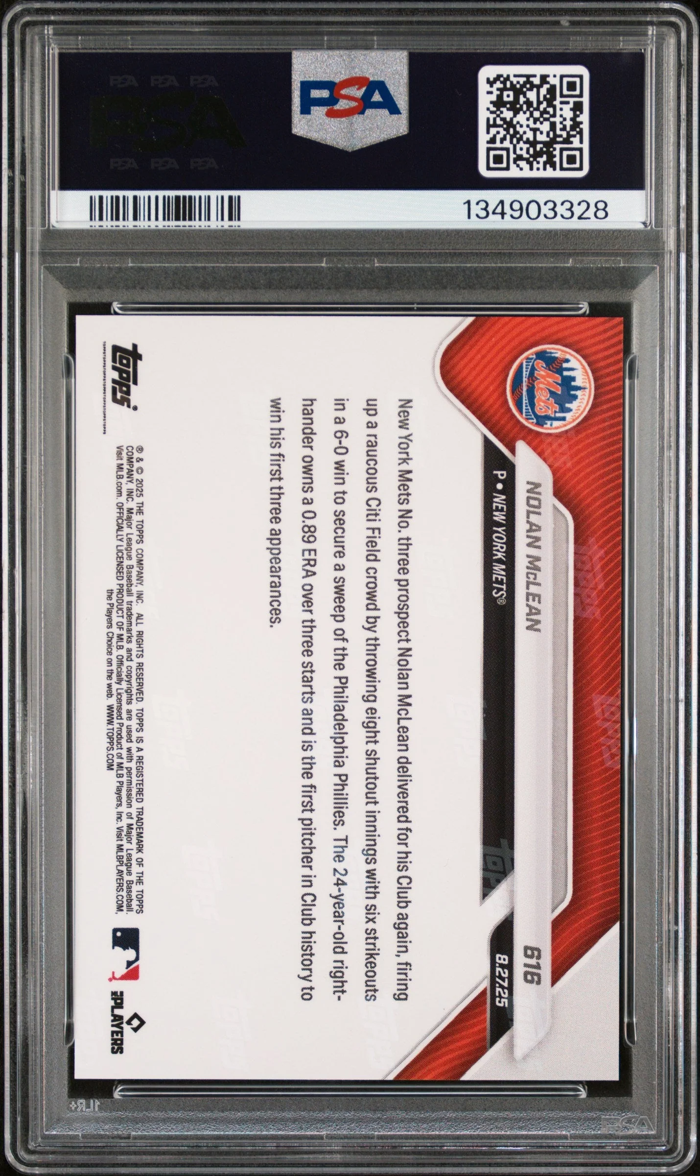 Graded 2025 Topps Now Nolan McLean #616 Rookie RC Baseball Card PSA 10 Gem Mint - Image 2