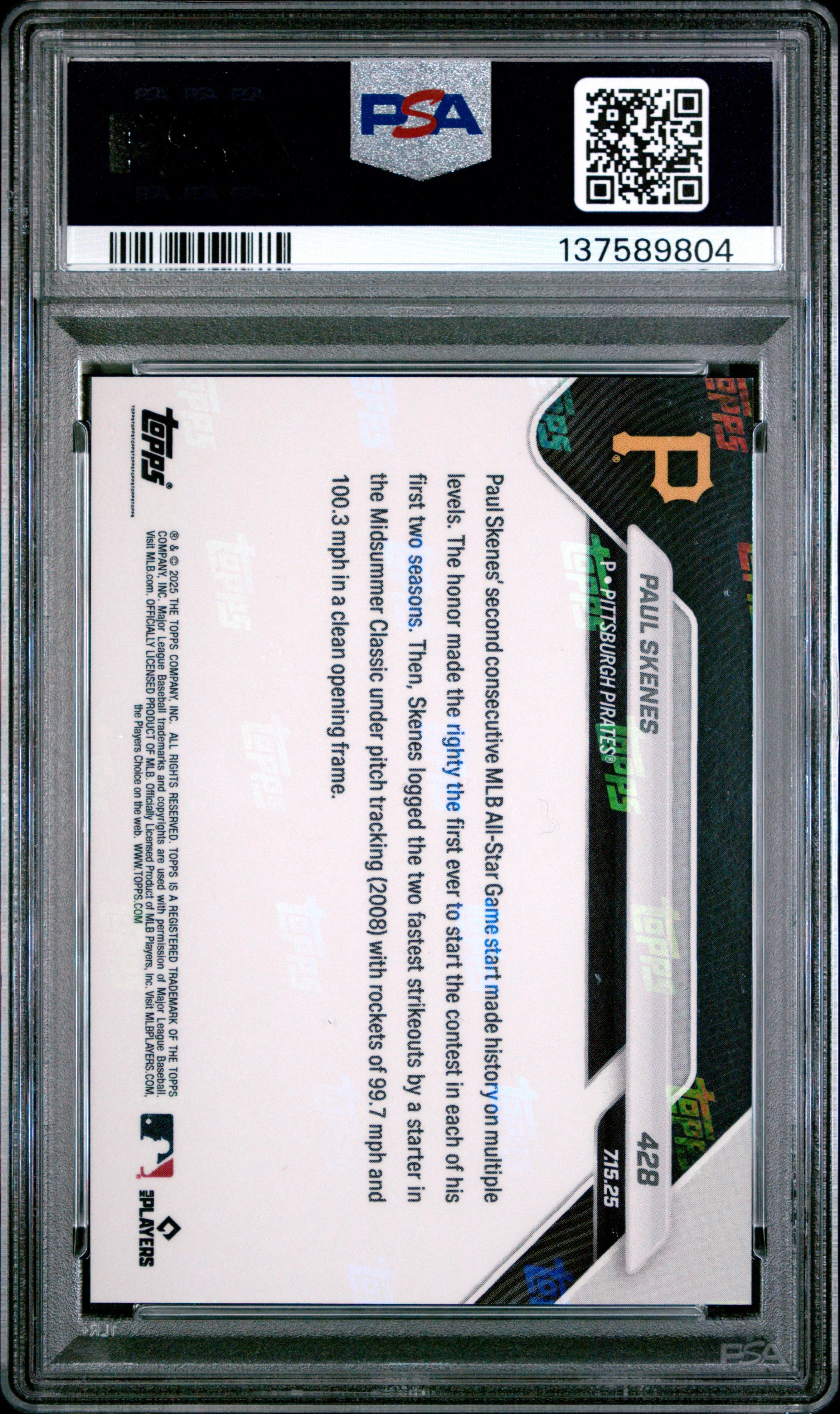 Graded 2025 Topps Now Paul Skenes #428 Baseball Card PSA 10 Gem Mint - Image 2