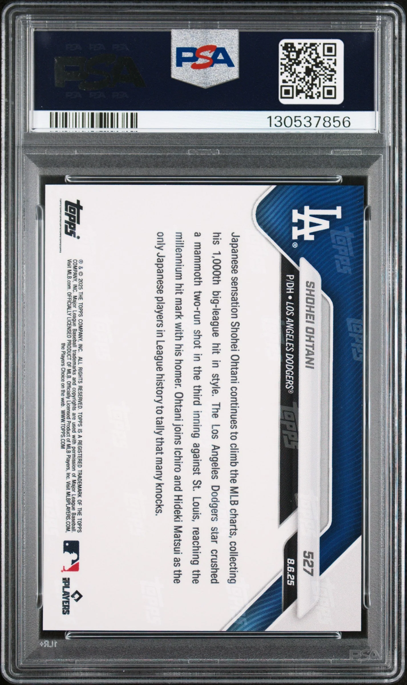 Graded 2025 Topps Now Shohei Ohtani #527 Blasts Majestic HR for 1,000th MLB Hit Baseball Card PSA 10 Gem Mint - Image 2