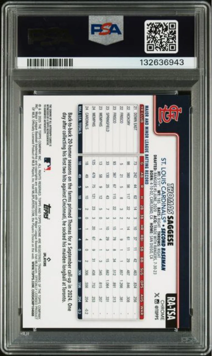 Graded 2025 Topps Sapphire Thomas Saggese #RA-TSA Rookie Autograph /199 Rookie RC Baseball Card PSA 10 Gem Mint - Image 2