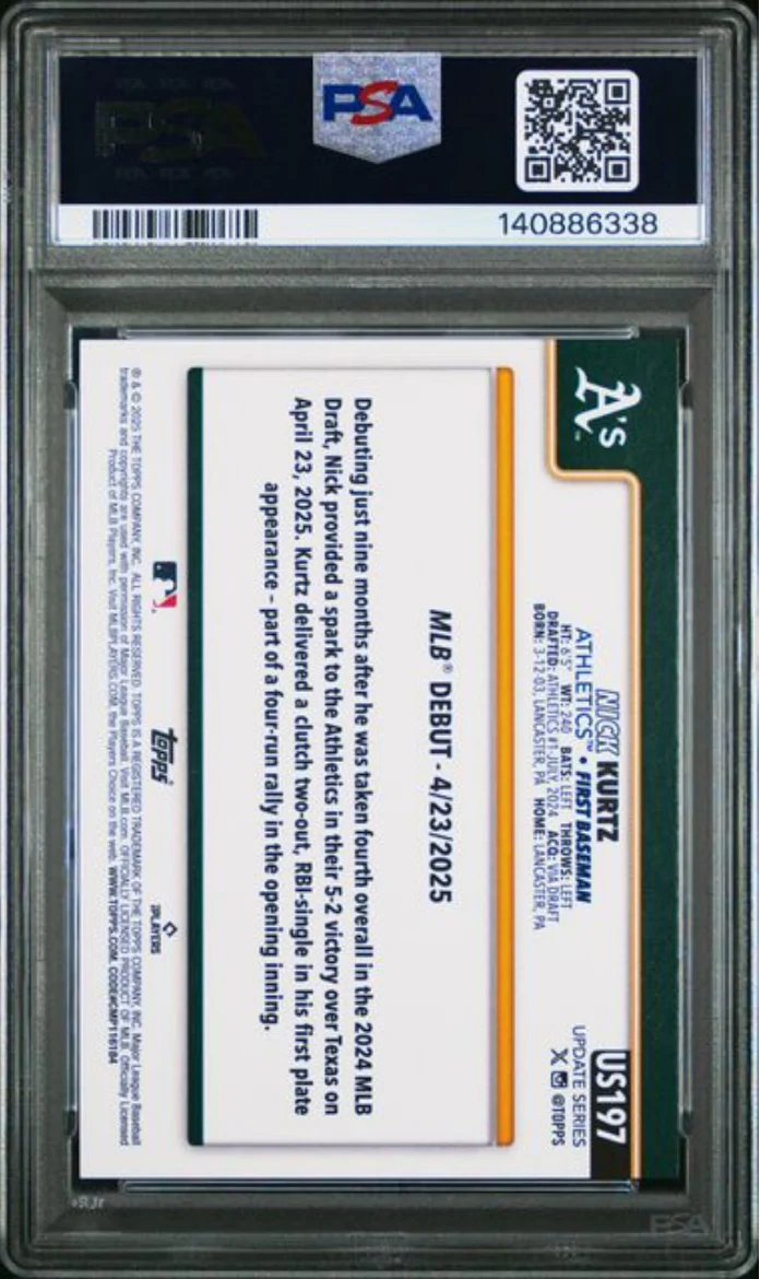 Graded 2025 Topps Update Nick Kurtz #197 Rookie RC Baseball Card PSA 10 Gem Mint - Image 2
