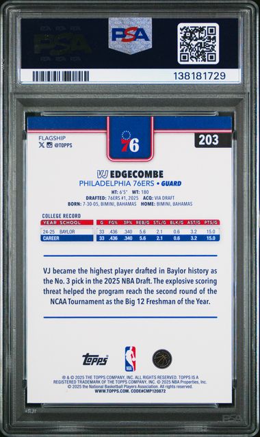 Graded 2025 Topps VJ Edgecombe #203 Rookie RC Basketball Card PSA 10 Gem Mint - Image 2