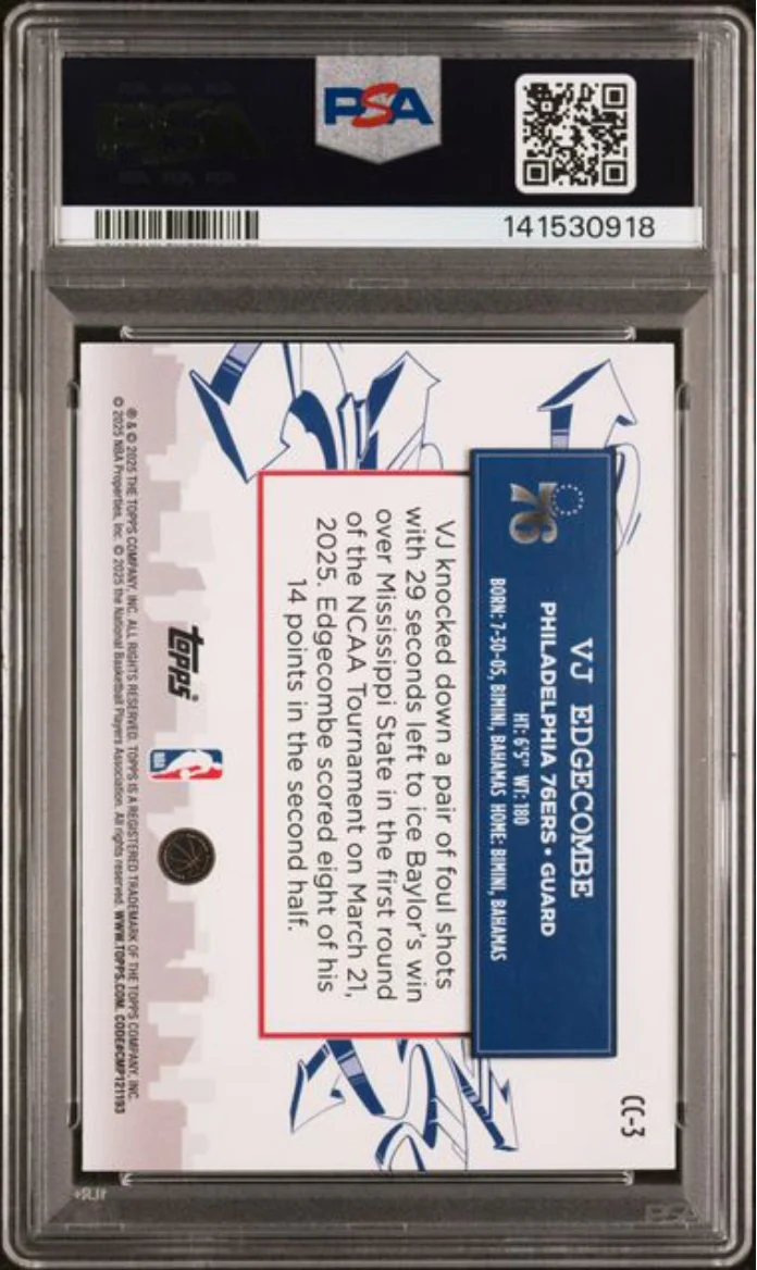 Graded 2025 Topps VJ Edgecombe #CC3 Clutch City Prospects Rookie RC Basketball Card PSA 10 Gem Mint - Image 2