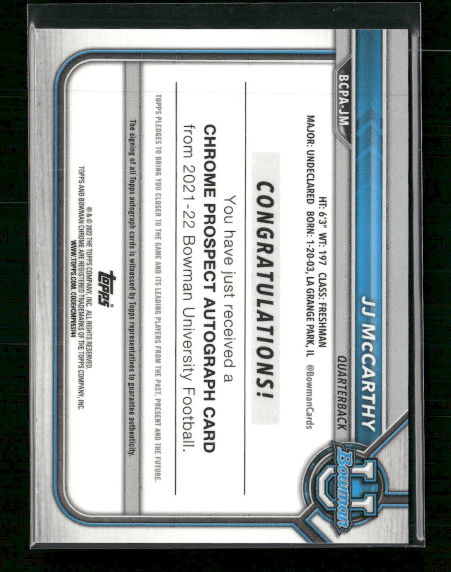 JJ McCarthy 2021-22 Bowman University Bowman Chrome Prospects Auto #BCPA-JM - Image 2